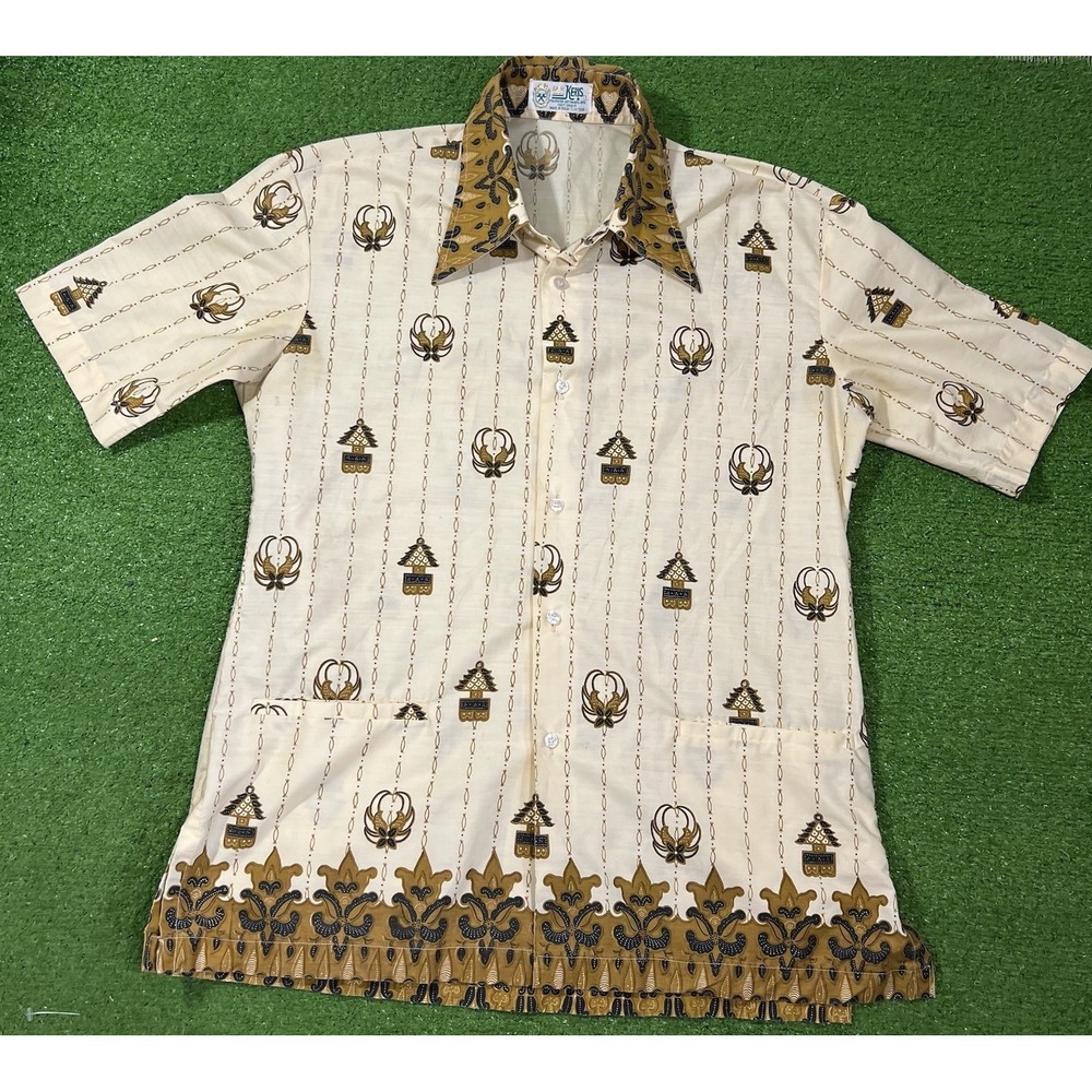 Vintage Batik Shirt LG Tribal Print Cream & Gold Geometric Stripe 80s Pockets
